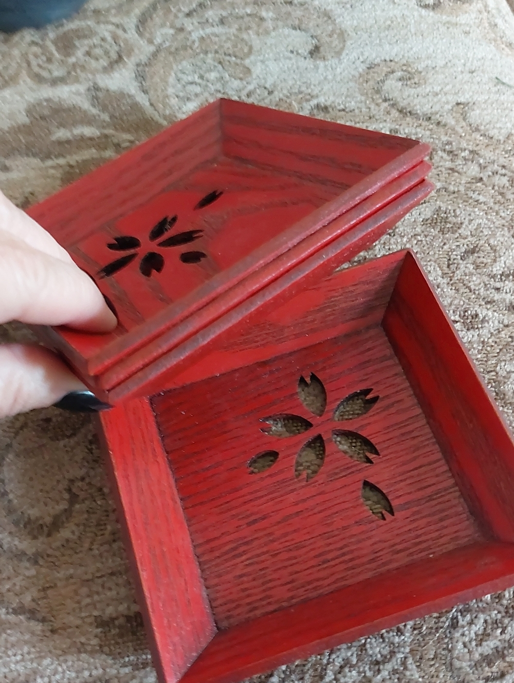 Set Of 4 Red Wood Cut Out Flower Boho Coasters